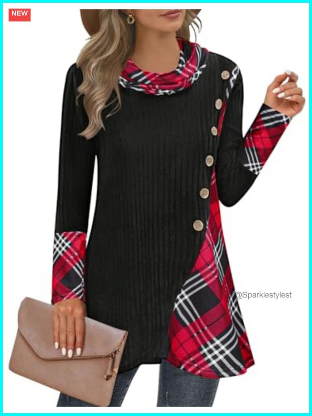 Cowl Neck Pullover Sweater Lightweight Tunic Button Asymmetric Hem